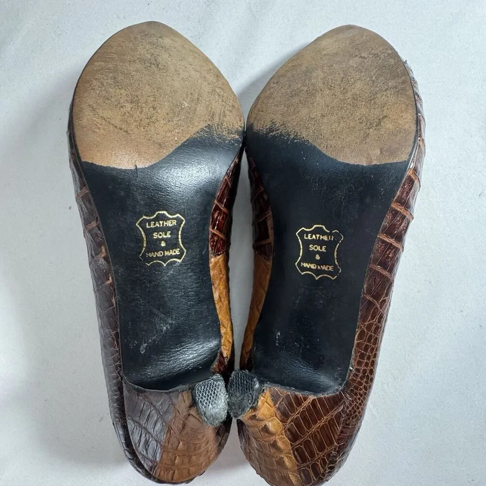 Siam Leather Shoes Handmade Brown Croc Embossed Leather Flats Low Heel Sz 6.5
